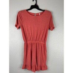 MTS Women Medium Coral Pink Romper Button Neck Casual Elastic Waist Summer Beach